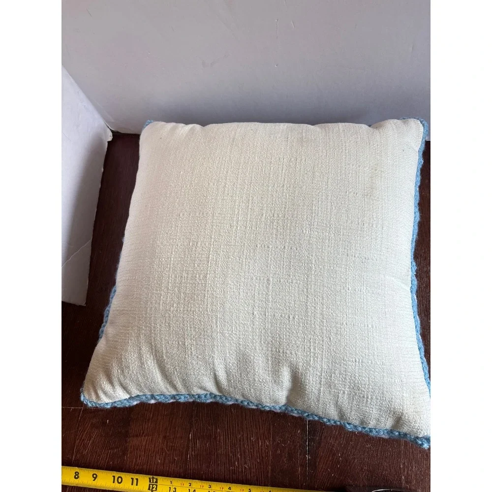 Handmade Crochet Granny Square‎ Throw Pillow Blue White 14x14 Decorative Cushion